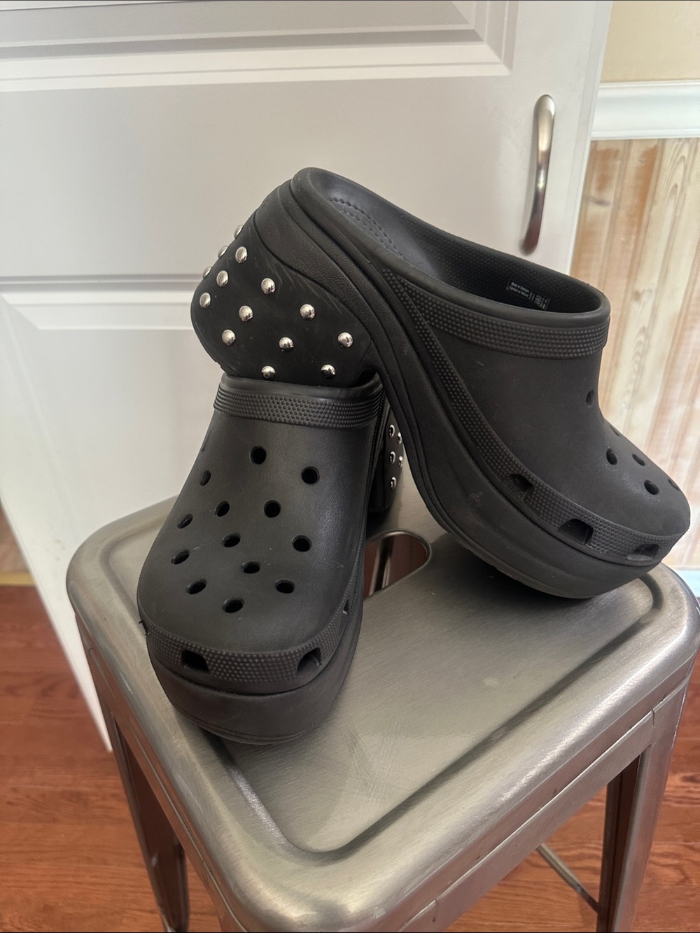 CROCS Black Platform Clog Mules with Silver Stud Accents
